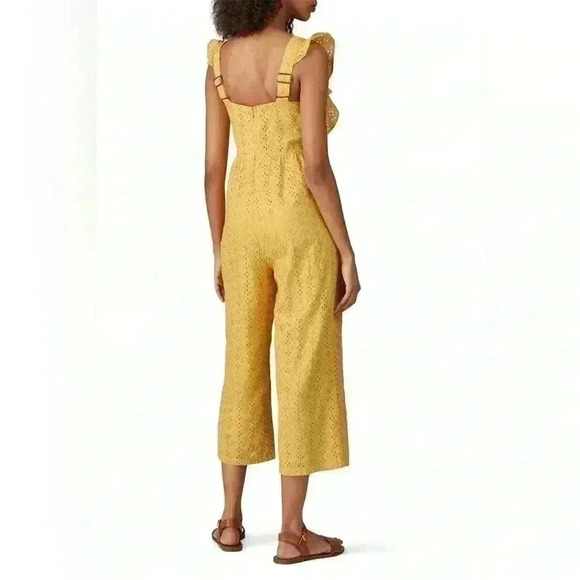 MINKPINK size small yellow embroidered floral jumpsuit with ruffles and pockets - Picture 3 of 9
